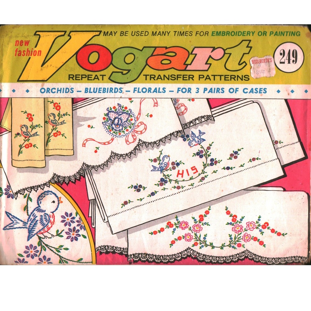 Vintage Vogart Repeat Transfer Patterns 249 Orchids Bluebirds Florals Embroidery